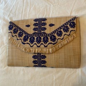 Stella & Dot Boho Woven and Cobalt Blue Embroidery Clutch 10x7 EUC